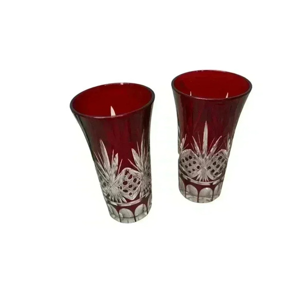2 Vintage Ruby Red Cut Clear Bohemian Glass 4" Small Vases Antique - Picture 2 of 7